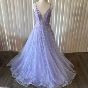 La Femme Lilac Lace Prom Gown